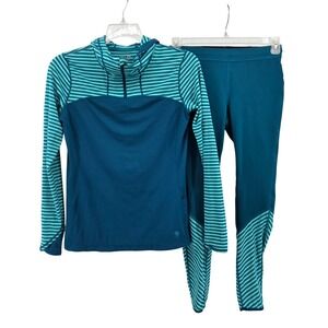 Mountain Hardwear Womens Teal Striped Hooded Quarter Zip Top and Leggings Set M
